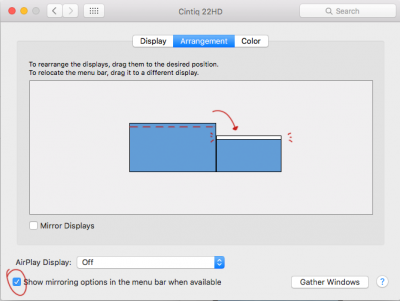 set cintiq as primary screen.<br />(and activate &quot;show mirroring opions in the menu bar&quot; so you will have the menu bar on both displays)