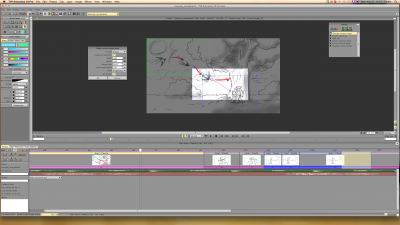 The storyboard in timeline mode, with group for sound and clips. The yellow band = stretching the clip's duration =)